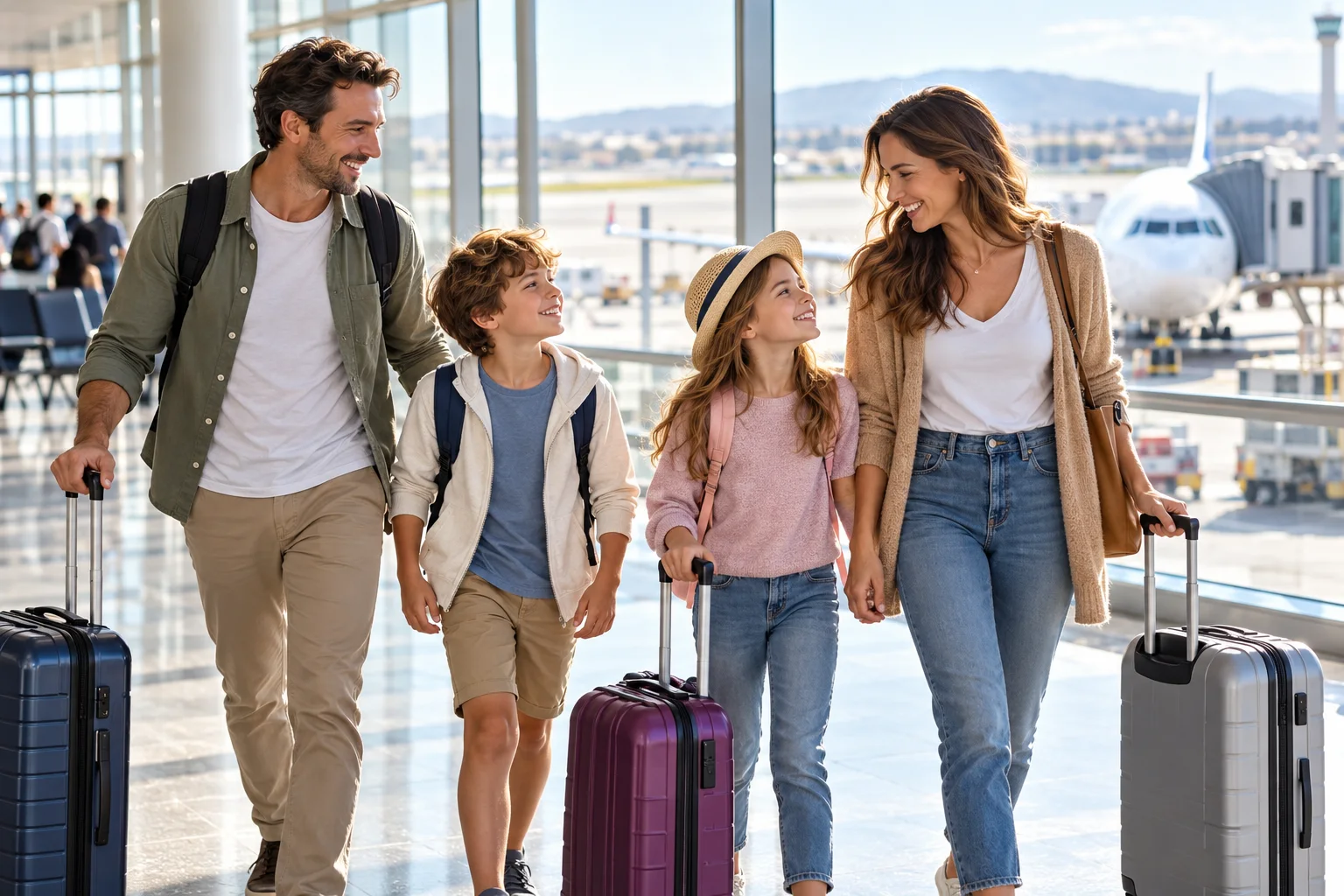 Happy family with their luggage in an airport terminal